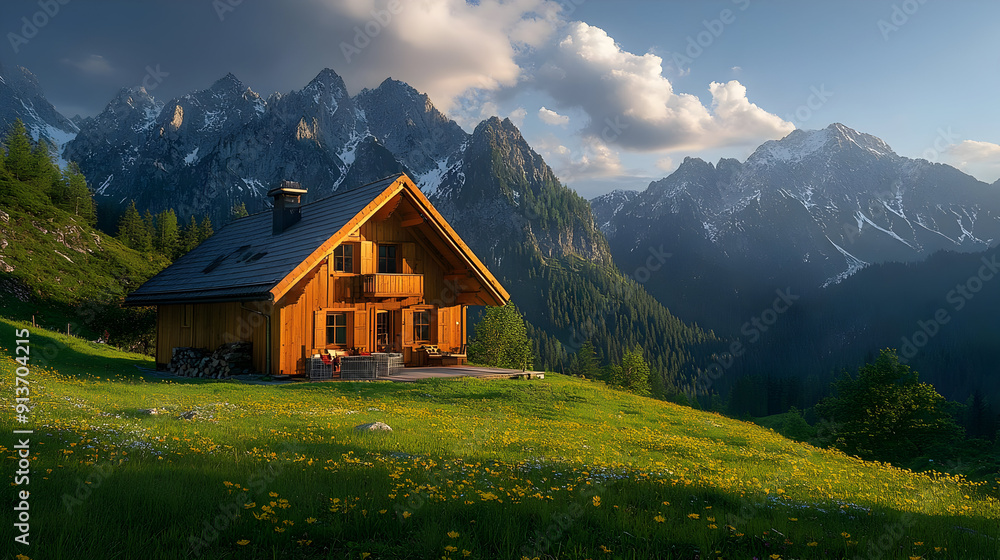Wooden cabin in a mountain meadow. Wooden cabin in a mountain meadow.