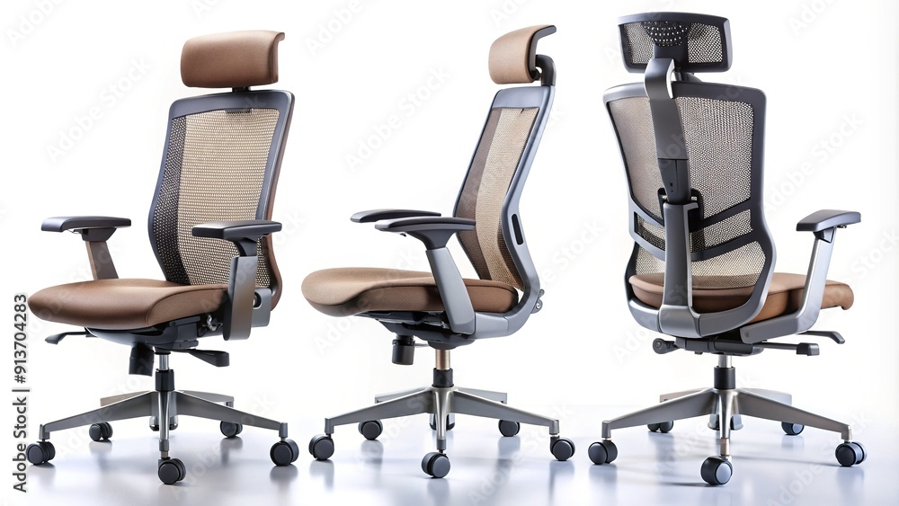 Ergonomic computer chair with a mesh back and adjustable features, isolated on a white background, showcased from various angles, ideal for modern office settings.