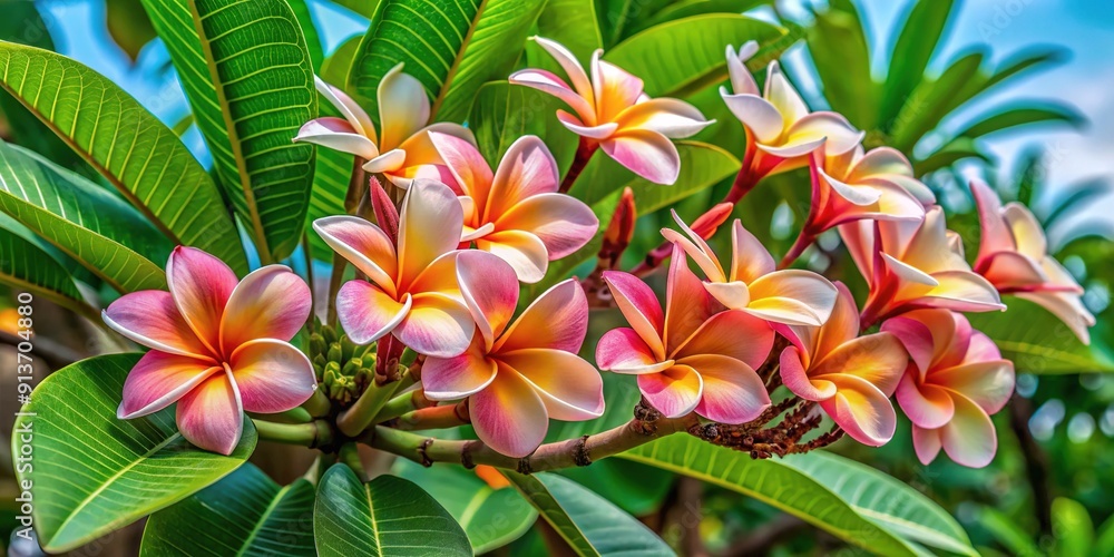 Naklejka premium Vibrant Plumeria tree stands tall, adorned with lush green leaves and laden with clusters of delicate, soft peach-pink flowers, exuding tropical elegance and serenity.