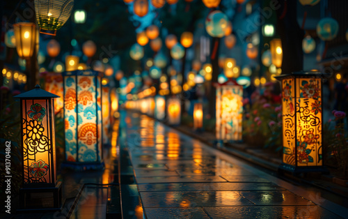 Atmospheric evening view of a traditional japanese street adorned with glowing lanterns during the annual obon festival photo