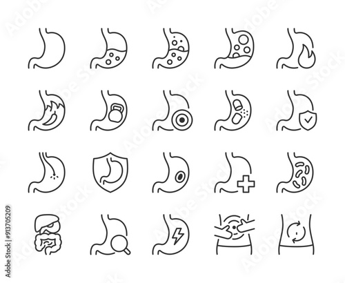 Stomach Icon Set. Ache and Pain, Stomach Discomfort and Digestive Issues. Acid Reflux, Gas Formation, Bacteria, Stomach Healing, Ulcers, Gastritis. Line with editable stroke