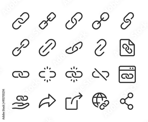 Internet Webpage URL Link, Icon Set. Web Links and Hyperlinks. , Chain, Web Address, Internet Shortcut, Browser, External Link, Hyperlink Navigation, Webpage Connection. Line with editable stroke