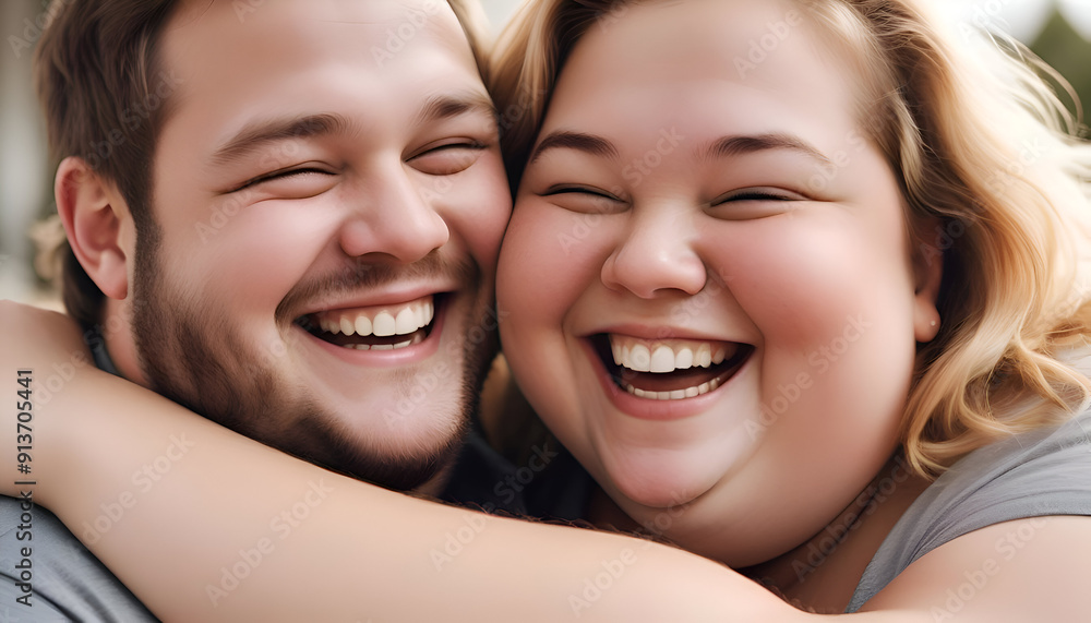 Heartwarming Laughter Close-Up of Cute Fat Caucasian Couple Hugging and Laughing Joyfully Heartwarming Laughter Close-Up of Cute Fat Caucasian Couple Hugging and Laughing Joyfully