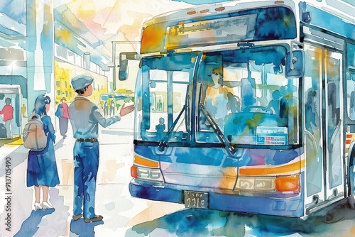 A watercolor illustration of a man waiting for a bus, with other people and a bus driver in the background. The illustration depicts public transportation, urban life, and the act of waiting. photo