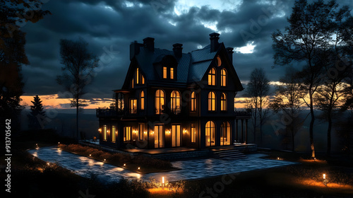 Dark Mansion at Dusk - 3D Illustration