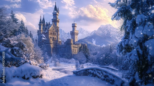 A castle set in the snow with a winter wonderland surrounding it, creating a serene and magical scene