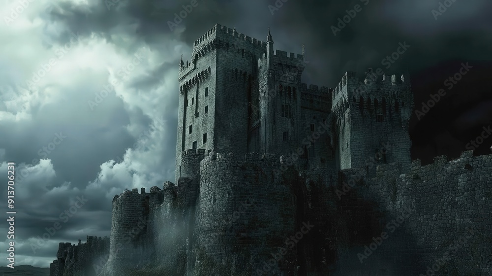 A castle with a backdrop of dramatic storm clouds, highlighting its imposing A castle with a backdrop of dramatic storm clouds, highlighting its imposing