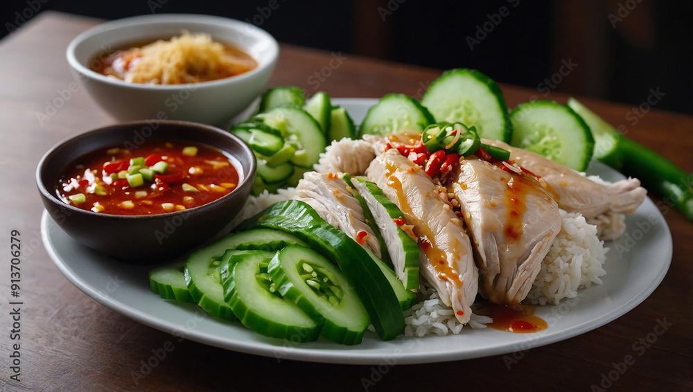 A plate of Hainanese chicken rice with sliced cucumbers, a side of cucumber salad, and dipping sauce. A plate of Hainanese chicken rice with sliced cucumbers, a side of cucumber salad, and dipping sauce.