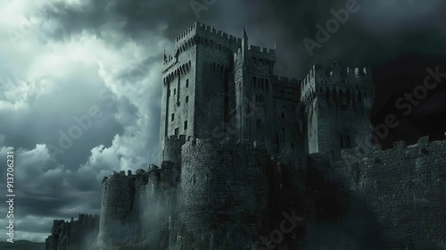 A castle with a backdrop of dramatic storm clouds, highlighting its imposing