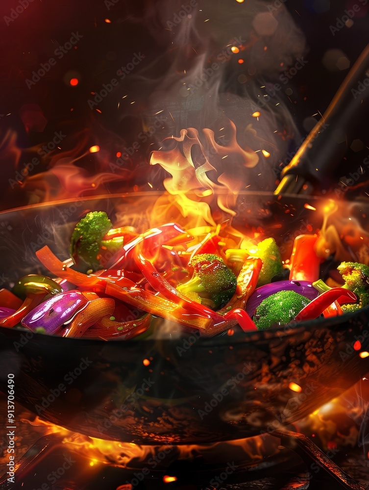 A wok filled with colorful vegetables stir-fries on a blazing fire, symbolizing vibrant flavors, energy, heat, passion, and the joy of cooking. A wok filled with colorful vegetables stir-fries on a blazing fire, symbolizing vibrant flavors, energy, heat, passion, and the joy of cooking.