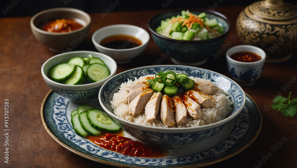 A plate of Hainanese chicken rice with sliced cucumbers, a side of cucumber salad, and dipping sauce. A plate of Hainanese chicken rice with sliced cucumbers, a side of cucumber salad, and dipping sauce.