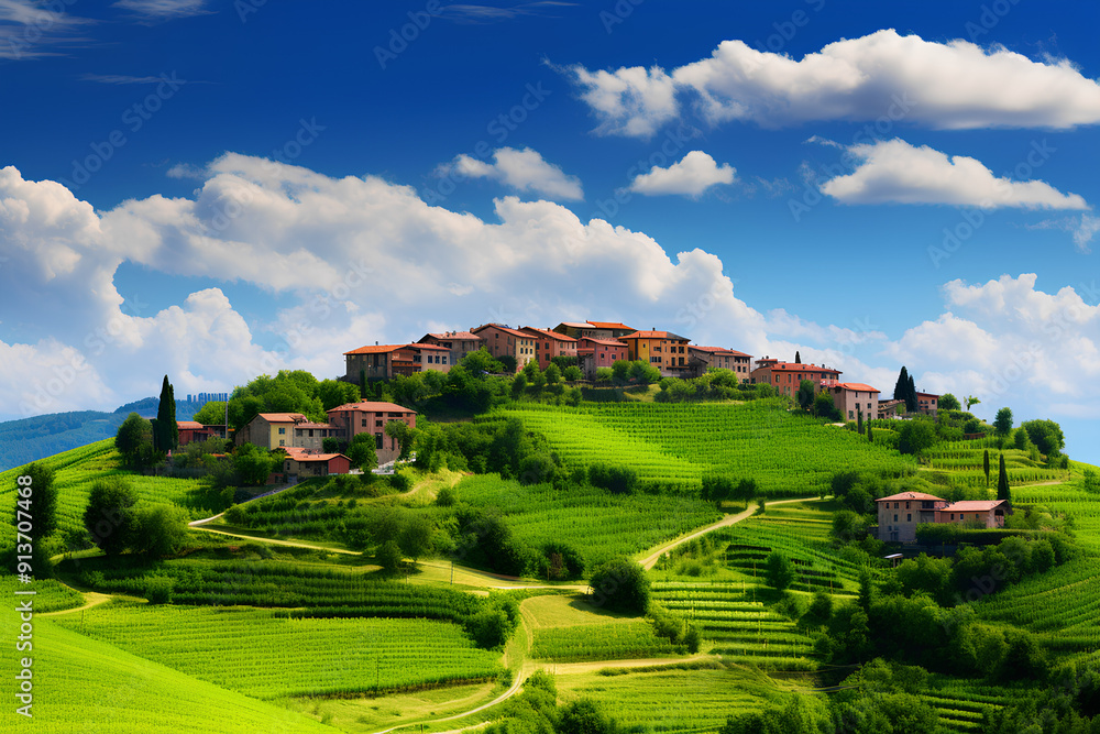green and beautiful village scenery on a hill with blue clouds in the background green and beautiful village scenery on a hill with blue clouds in the background