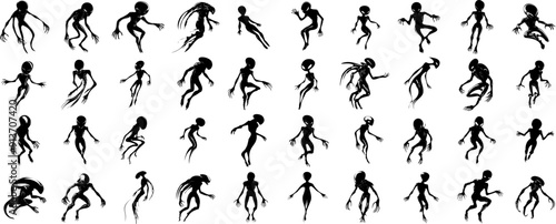 flying floating aliens silhouette set illustrations