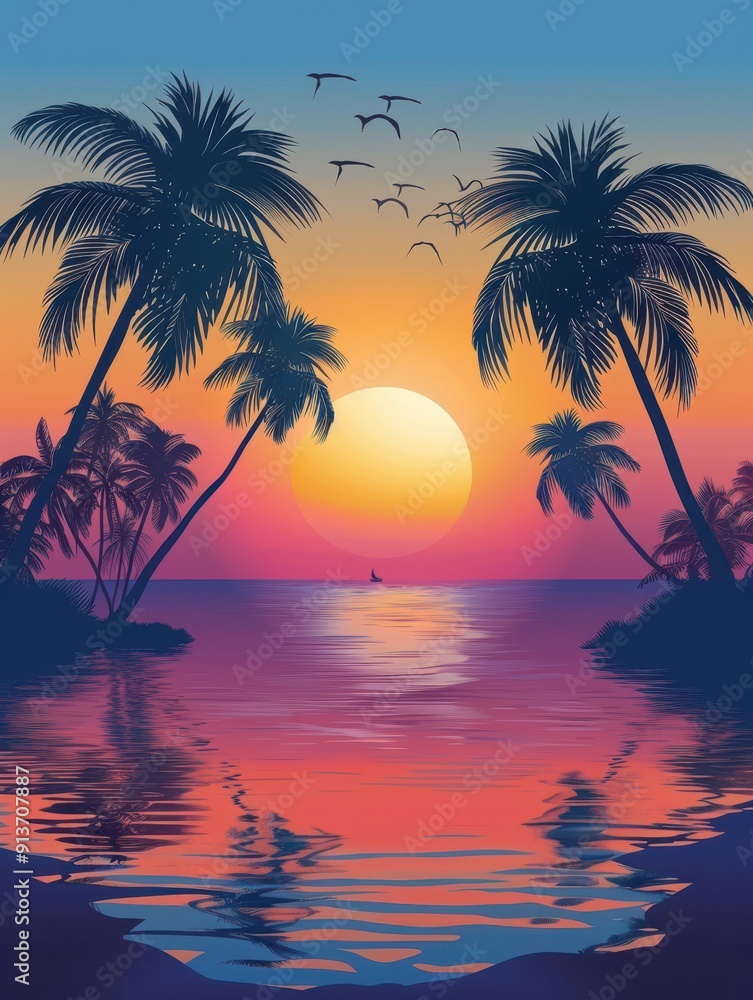 a sunset with palm trees and water a sunset with palm trees and water