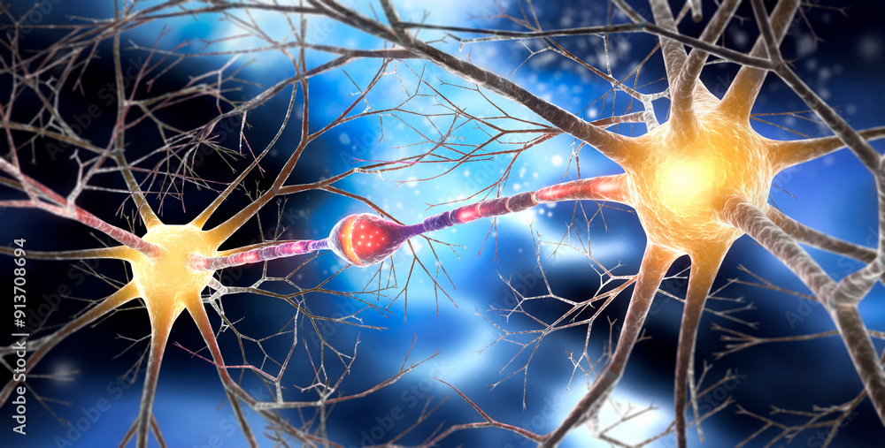 Two interacting nerve cells connected with synapse - 3D illustration Two interacting nerve cells connected with synapse - 3D illustration