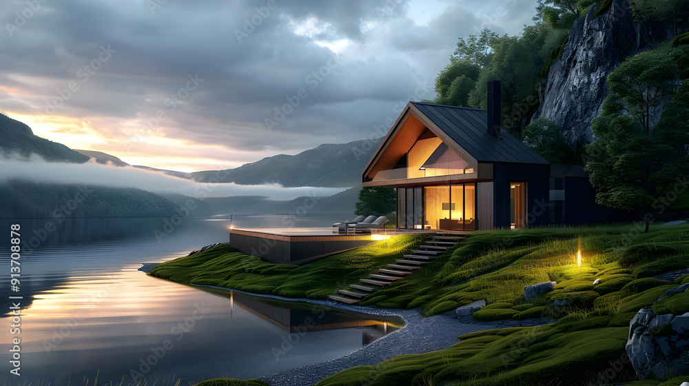 Modern Lake House with Pool - 3D Illustration Modern Lake House with Pool - 3D Illustration