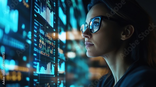 A businesswoman in glasses is looking at digital data on an LED screen, symbolizing the use of advanced technology for financial analysis and stock market.