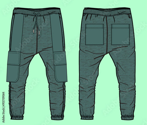 Men's teal colour cargo pants flat sketch outline vector fashion illustration template. 