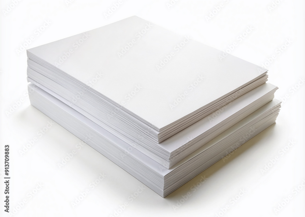 A crisp and clean stack of blank white paper sheets lies isolated on a pure white background, providing ample space for text or design overlays. A crisp and clean stack of blank white paper sheets lies isolated on a pure white background, providing ample space for text or design overlays.