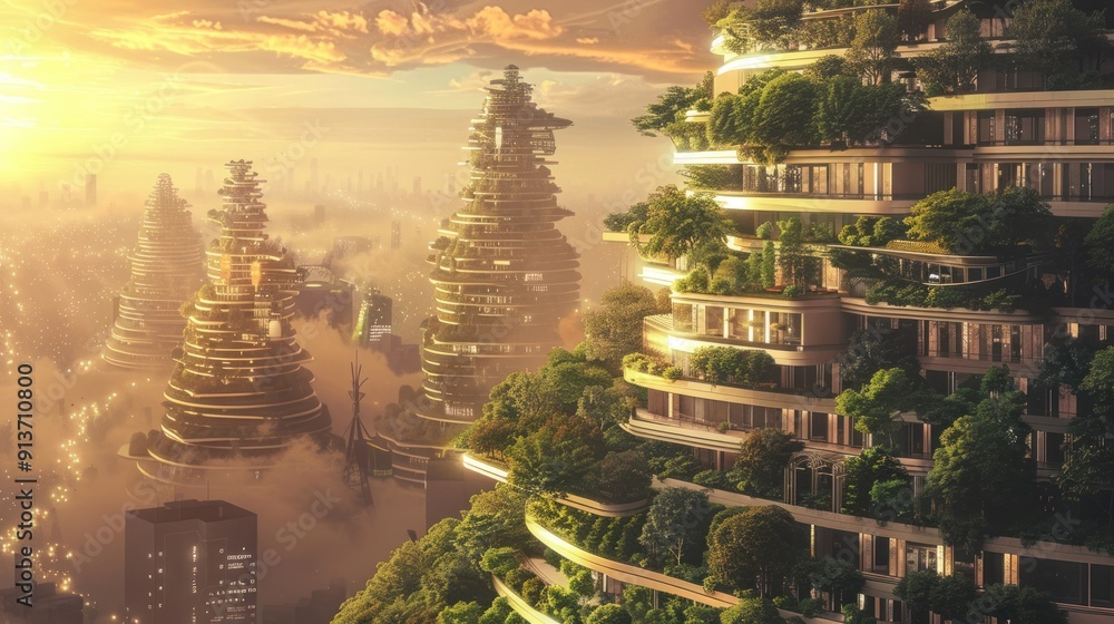 Obraz premium Ecological future city concept with carbon neutral footprint against global warmth. Green city solutions. Smart city. Solar Punk.