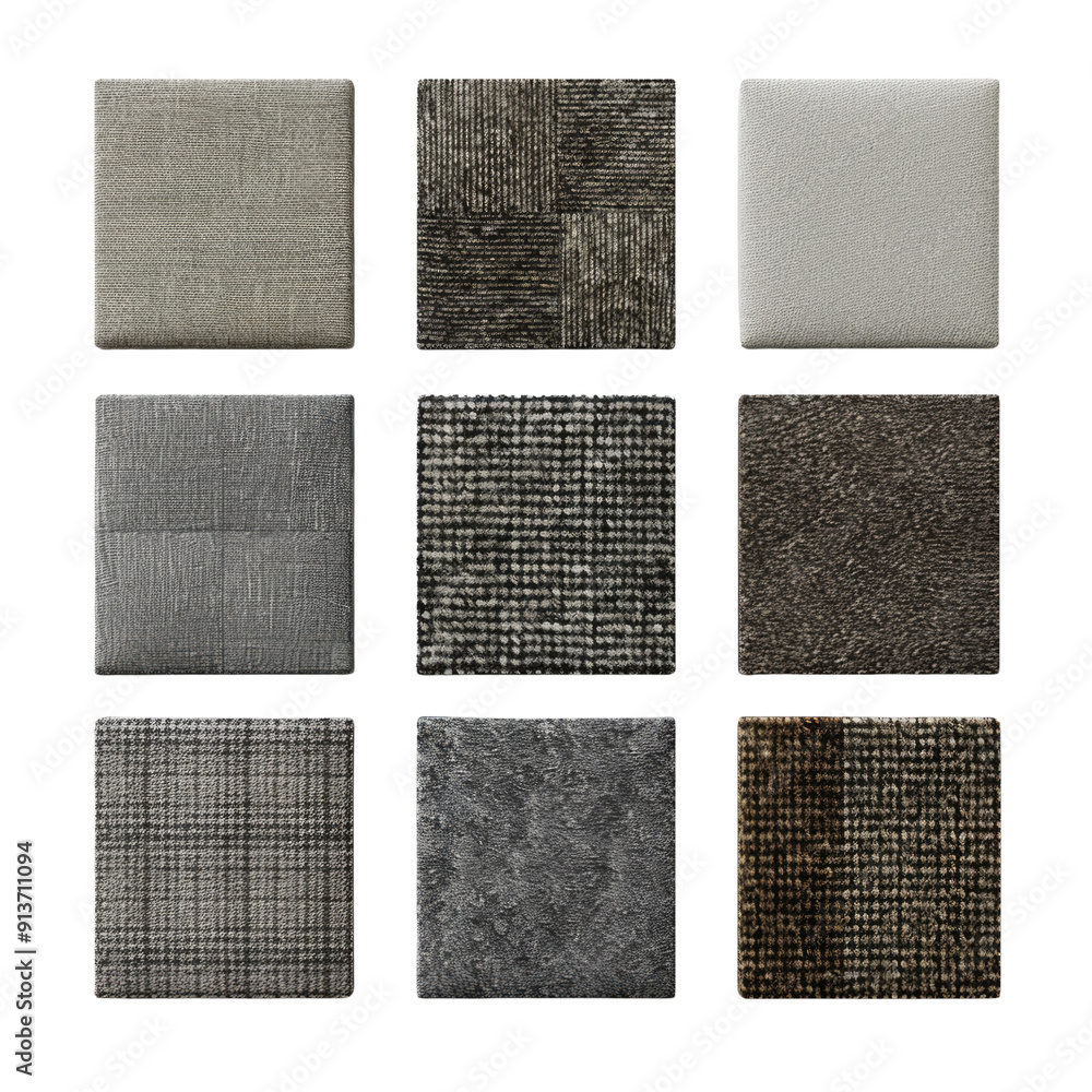 Fototapeta premium A collection of nine square fabric texture samples in various shades of gray and brown, showcasing different patterns and weaves in isolated on transparent and white background