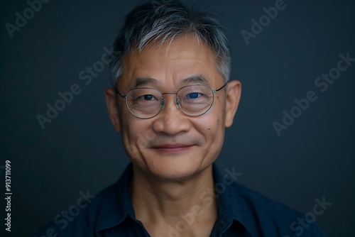 Portrait of a man smiling, wearing glasses and blue shirt