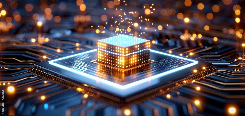 Futuristic microprocessor with glowing elements, showcasing technology and innovation in computing and electronics.