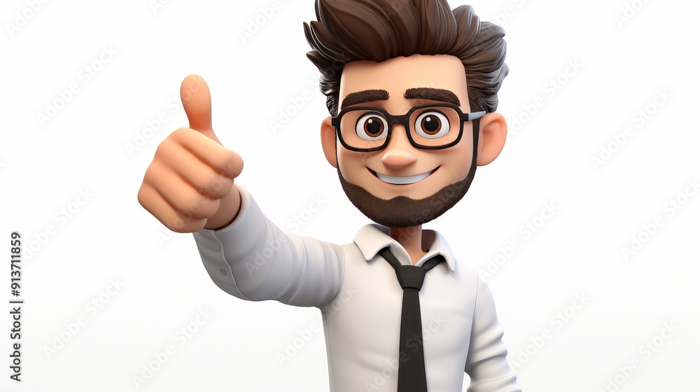 Cheerful cartoon hipster guy giving thumbs up in 3d illustration on white background Cheerful cartoon hipster guy giving thumbs up in 3d illustration on white background