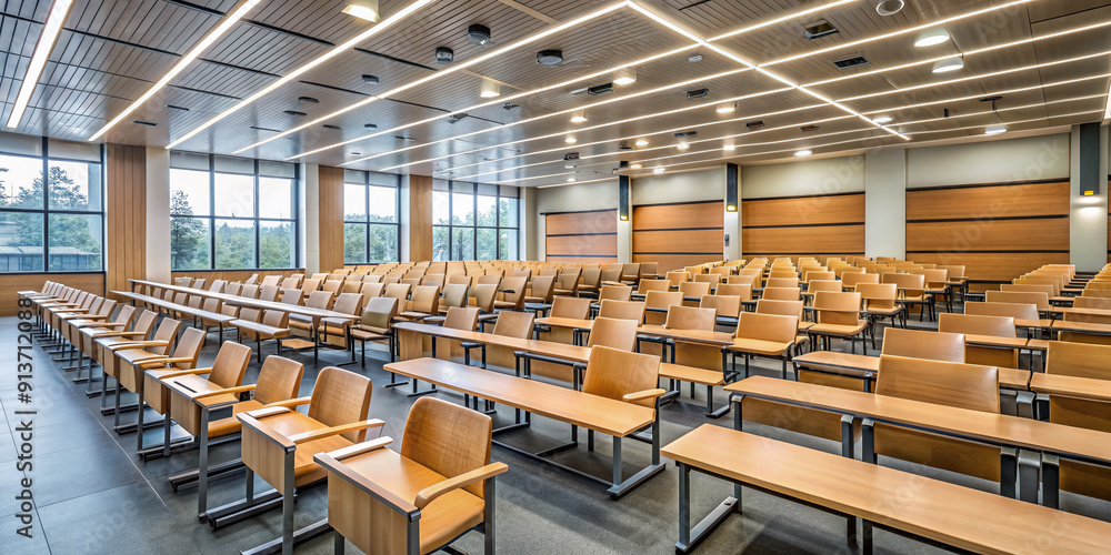 A modern, unfurnished university lecture room features wooden chairs and desks arranged in rows, vacant and dimly lit, awaiting the next academic session. A modern, unfurnished university lecture room features wooden chairs and desks arranged in rows, vacant and dimly lit, awaiting the next academic session.