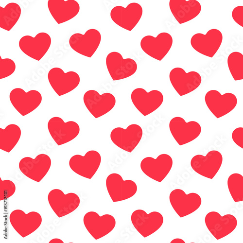 Seamless pattern of red hearts in various sizes on a white backdrop; perfect for romantic themes and Valentine’s designs
