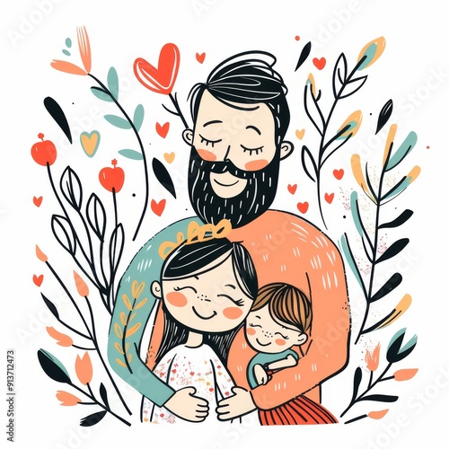 Fathers and Daughter family hand drawn line art style with colorful hearts shape and floral leaves, fathers day cartoon illustration on a white background