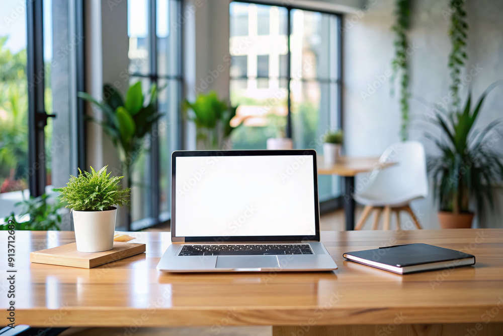 A modern laptop computer with a blank white screen sits on a tidy desk, surrounded by empty space, evoking a sense of productivity and remote work flexibility. A modern laptop computer with a blank white screen sits on a tidy desk, surrounded by empty space, evoking a sense of productivity and remote work flexibility.