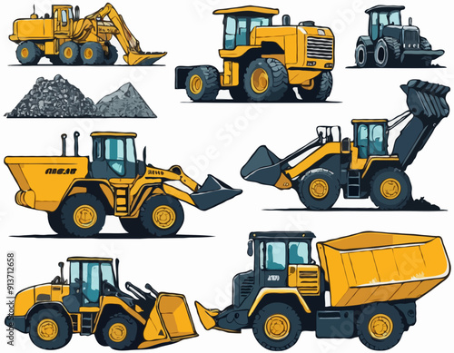 Heavy Transportation Cars and Construction Equipment for Building. Bulldozer, Excavator, Dump Truck and Concrete Mixe
