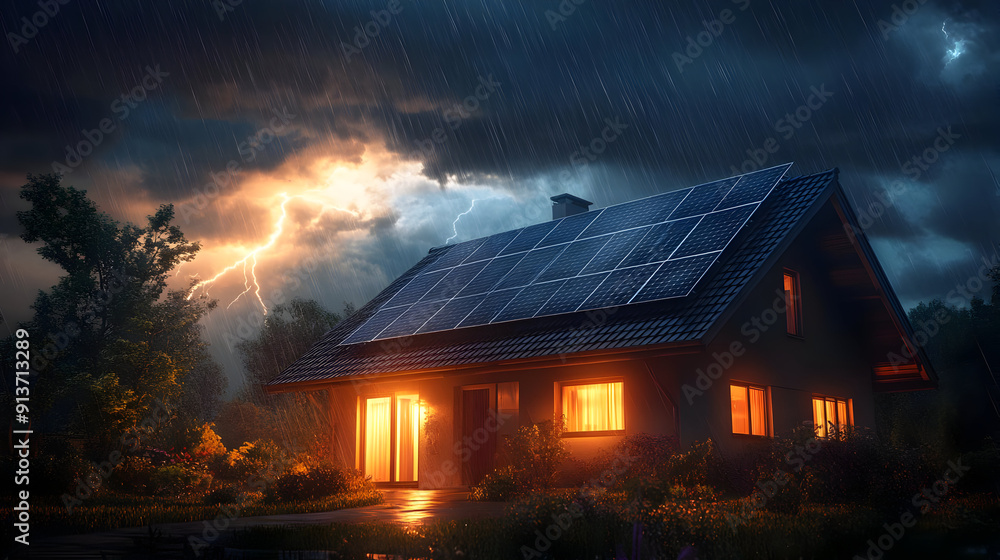 Solar Powered House in a Storm - Illustration Solar Powered House in a Storm - Illustration