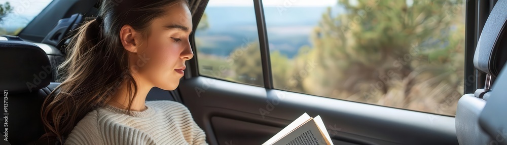 Young woman reading a book in the backseat of a car with a scenic view outside, road trip, relaxation and escape, copy space for text Young woman reading a book in the backseat of a car with a scenic view outside, road trip, relaxation and escape, copy space for text