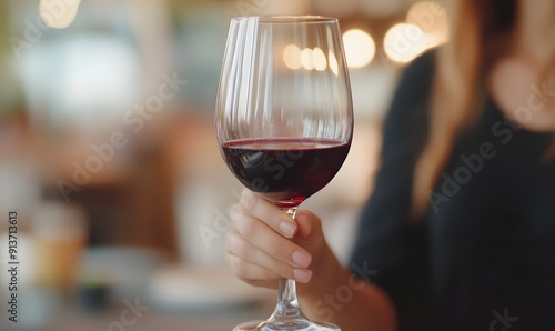 A glass of red wine in a woman's hand, Generative AI