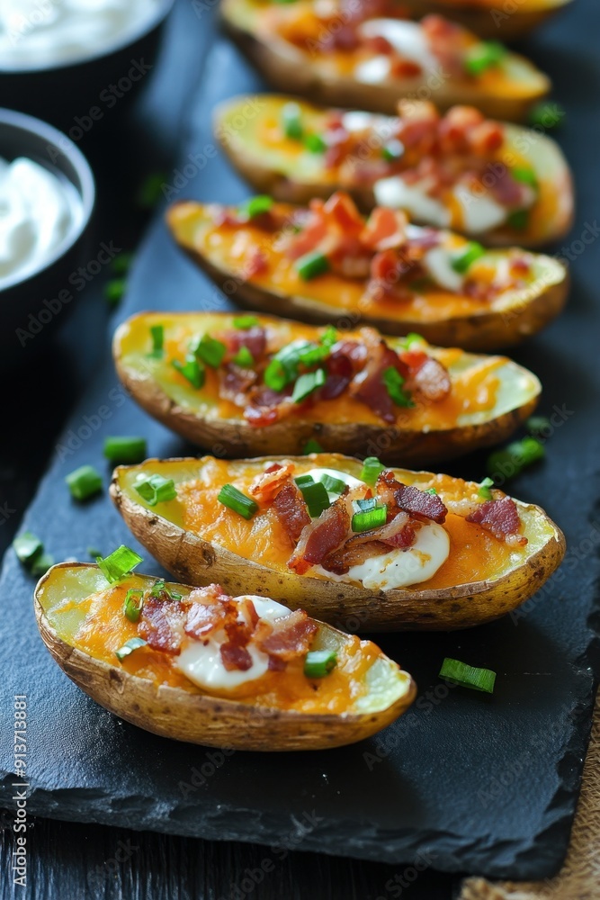 Grilled bacon and cheddar potato skins Grilled bacon and cheddar potato skins