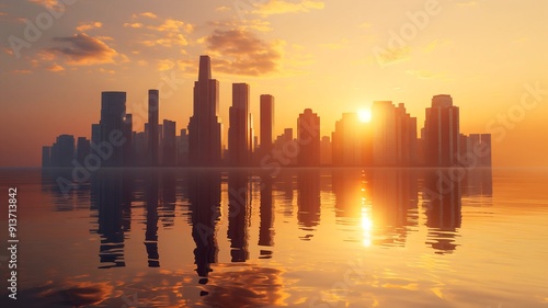 Modern city skyline at sunrise with tall skyscrapers reflecting on calm water surface