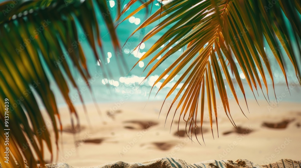 Fototapeta premium Palm Tree Leaves Overlooking a Tropical Beach