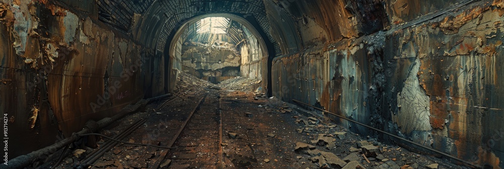Naklejka premium Old abandoned iron mine tunnel with damaged wall underground