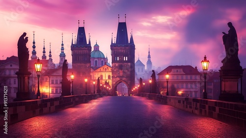 Twilight in a historic European city with classic buildings and a serene canal reflecting lights