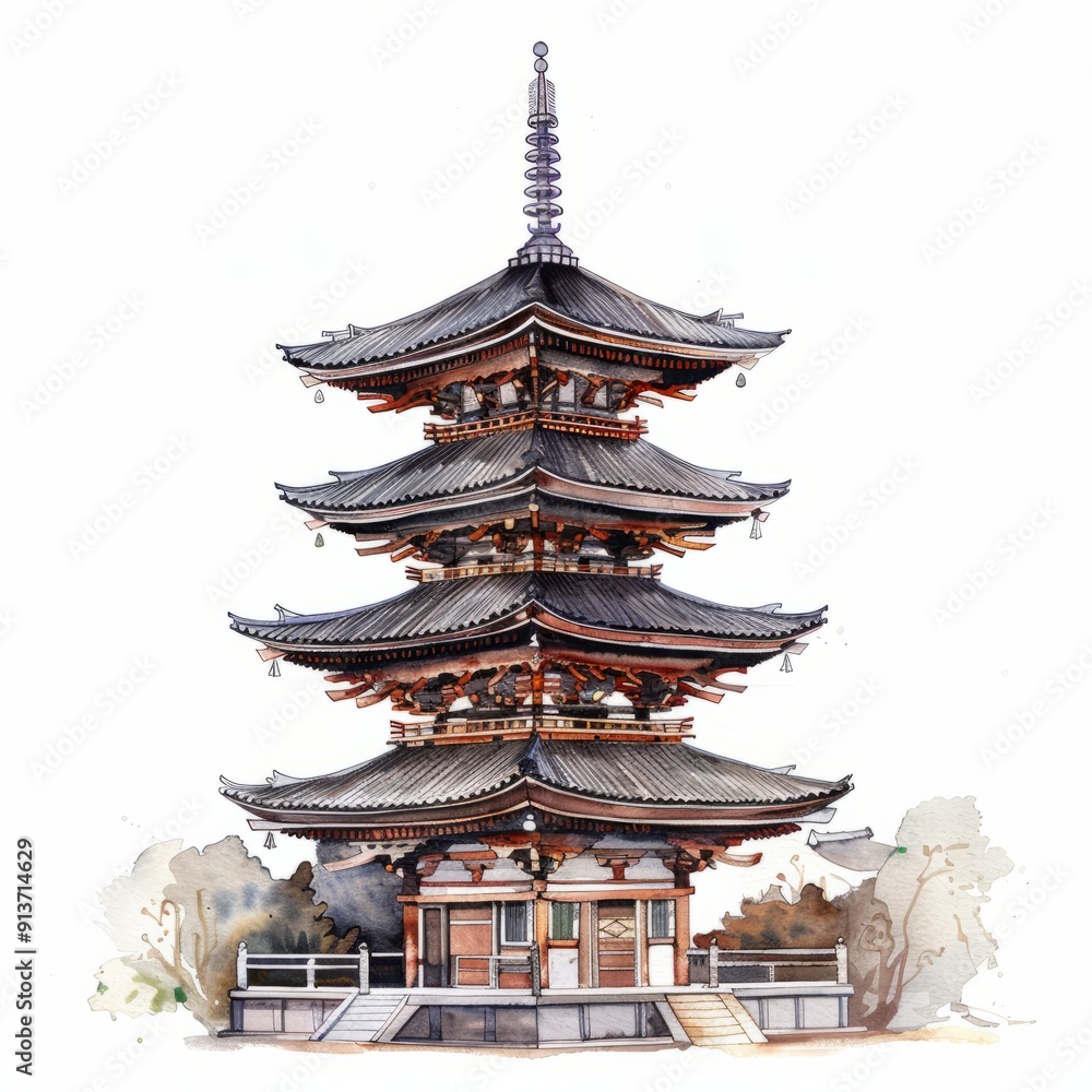 Watercolor painting of a Japanese pagoda, on isolated white background Watercolor painting of a Japanese pagoda, on isolated white background