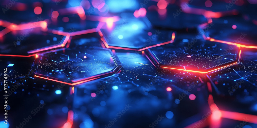 Hexagonal geometric shapes glowing on a dark blue background, reflecting a technology concept Hexagonal geometric shapes glowing on a dark blue background, reflecting a technology concept