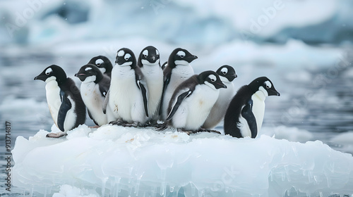 Penguins huddled closely together on icy terrain, seeking warmth and protection in numbers.