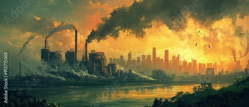 Conceptual illustration of human overconsumption leading to resource depletion and environmental degradation