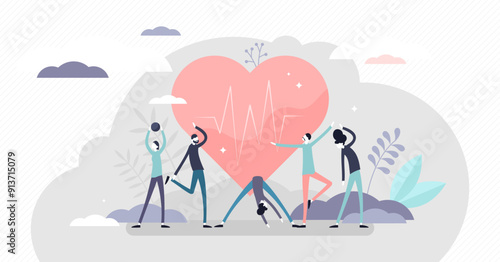 Good health concept, flat tiny persons illustration, transparent background. Active lifestyle with exercise workouts and healthy diet. Abstract heartbeat wellness symbol.