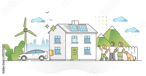 Green family home as sustainable, nature friendly lifestyle outline concept, transparent background. House with alternative power source, electric car charging.