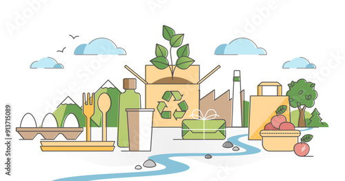 Green packaging using natural eco paper bags and wrapping material outline concept, transparent background. Organic renewable cardboard product container and biological plastic illustration.