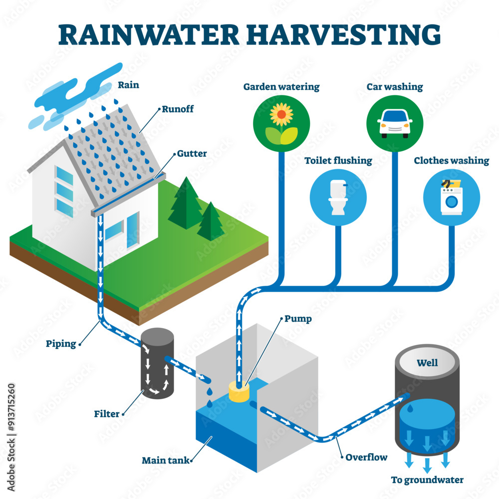 Rainwater harvesting system isometric diagram, illustration scheme with hose roof water runoff, underground piping, filtering, collecting in tank for domestic use, transparent background. Rainwater harvesting system isometric diagram, illustration scheme with hose roof water runoff, underground piping, filtering, collecting in tank for domestic use, transparent background.