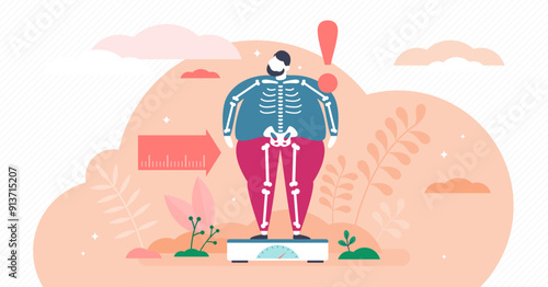 Overweight concept, flat tiny person illustration, transparent background. Weight loss creative graphic art with very obese man on scales and slim skeleton beneath the fat.